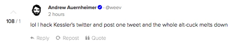 Notorious neo-Nazi hacker Weev, real name Andrew Auernheimer, in a post on the social networking site Gab, taking credit for the Kessler tweet (Gab)